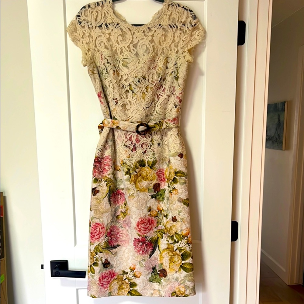 Adrianna Papell Lace Midi Dress - Cream and Pink Floral